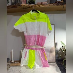 NWOT Neon Pink and Yellow Track Jacket and Shorts